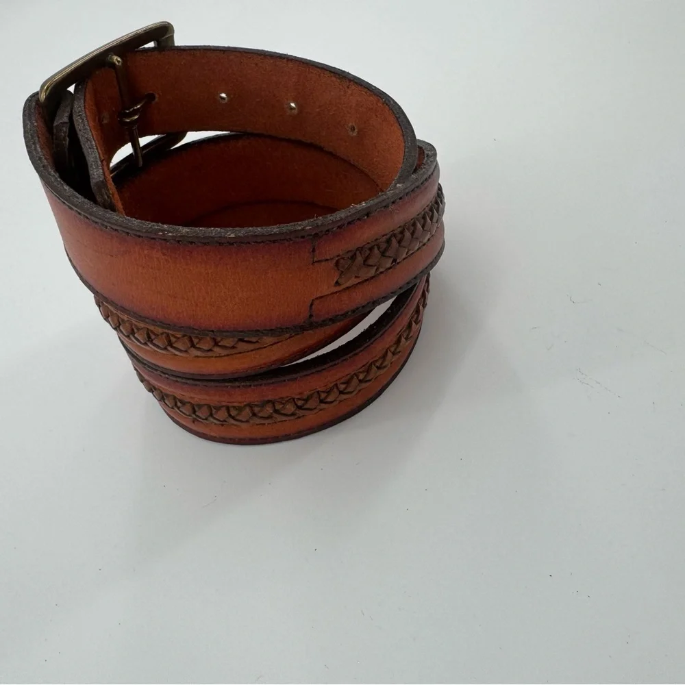 Vintage Mens Rope Edge Embossed Brown Leather Cowboy Strap‎ Western Belt Size 38